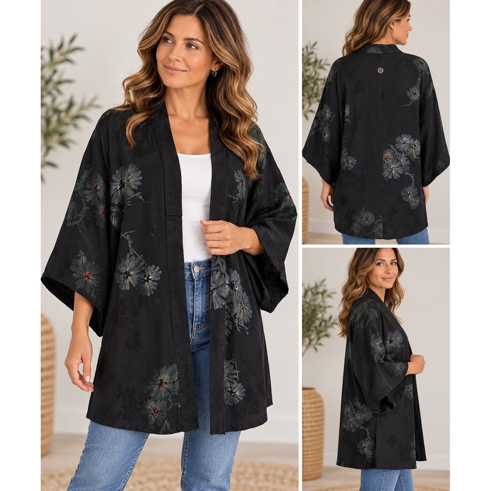 Vintage Japanese Silk Haori Kimono Jacket Black Floral Print One Size